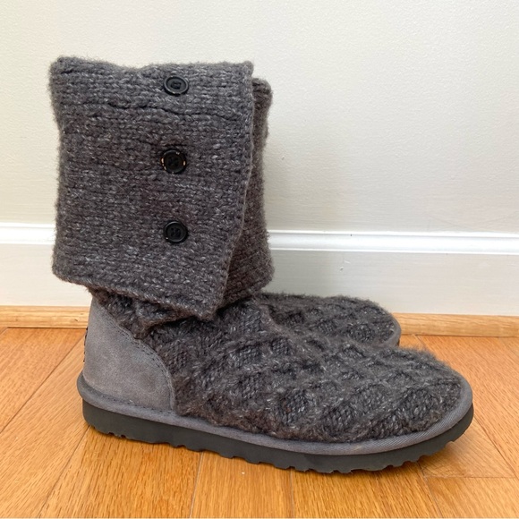 UGG Tall Fold Over Lattice Cardy Knit Button Boots Gray Women’s 8 Winter Warm - Picture 4 of 12